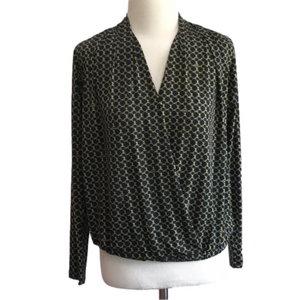 MICHAEL MICHAEL‎ KORS Women's Small Black Gold Wrap Blouson Top Blouse Office
